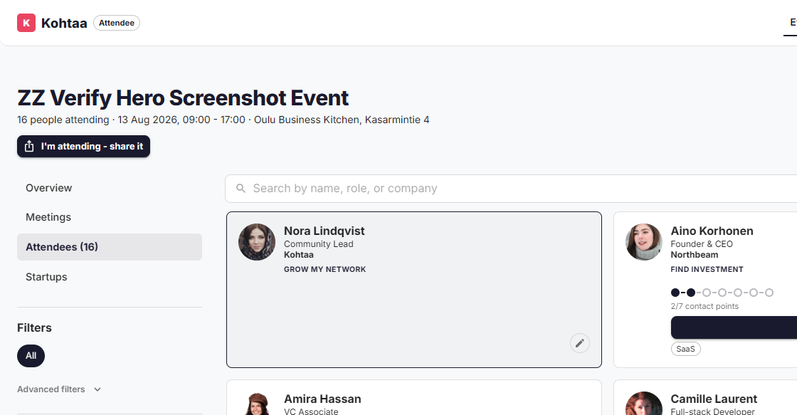 Kohtaa attendee roster: browse, filter by role, and request a meeting