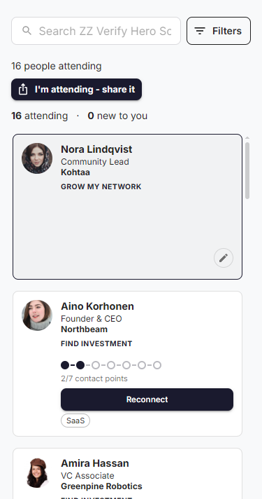 Kohtaa on mobile: the same attendee roster, no app to download
